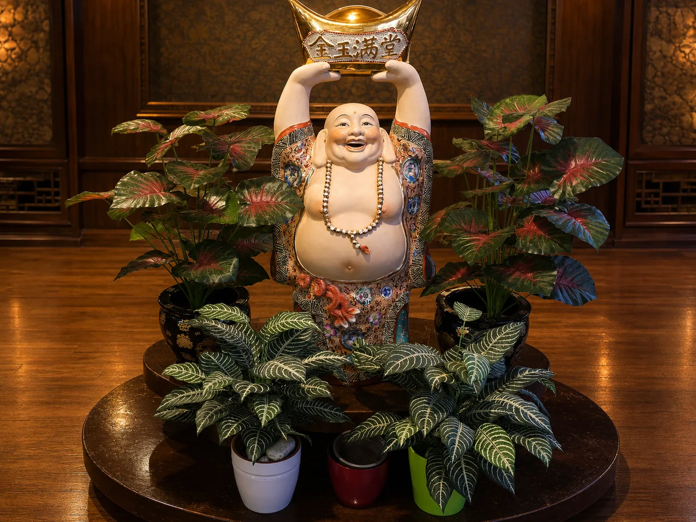 Buda sonriente con plantas y oro en 一品居 Big House