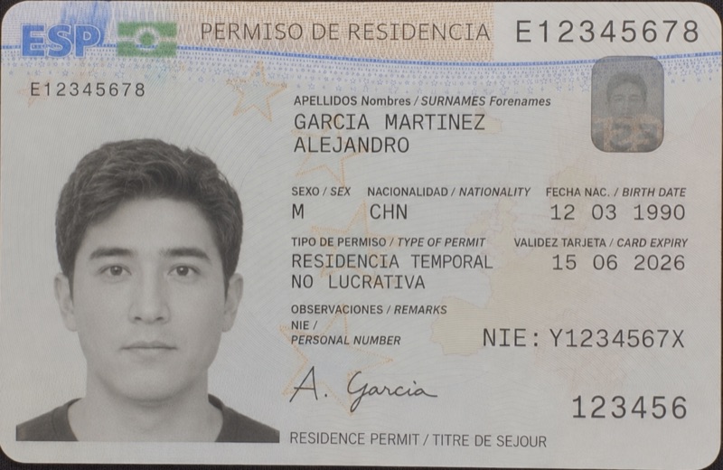 Sample TIE residence card (specimen) showing all key fields: name, NIE number, nationality, residency type, validity dates, and support number